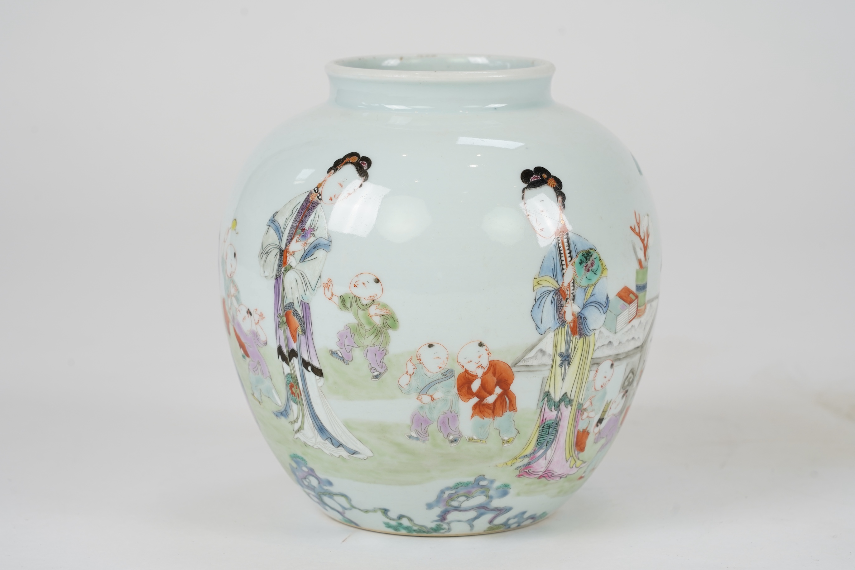 A Chinese famille 'boys' ovoid jar